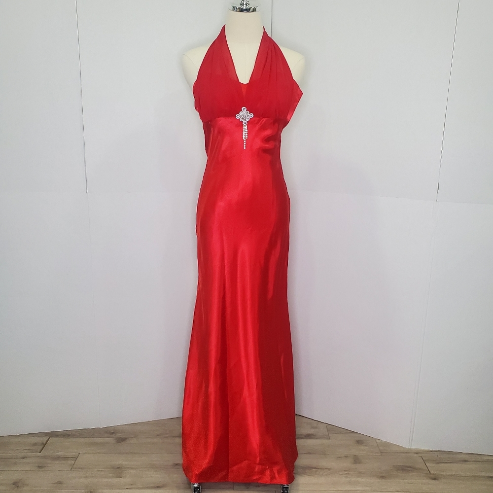 Vintage Let's Fashion Red Silk Dress Gemstone & Ruffle Detail